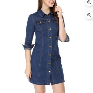 Allegra K DARING DIVA 3/4 Sleeve Button Down Denim Shirt Dress Blue
